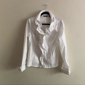 Samuel Dong White Ruffled Career Wear Zip Up Blouse